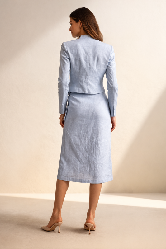 Alain Manoukian – Ensemble veste structurée et jupe en lin bleu ciel