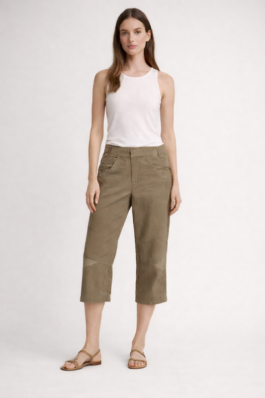 IKKS Pantacourt Kaki en Coton – Coupe Utilitaire Minimaliste