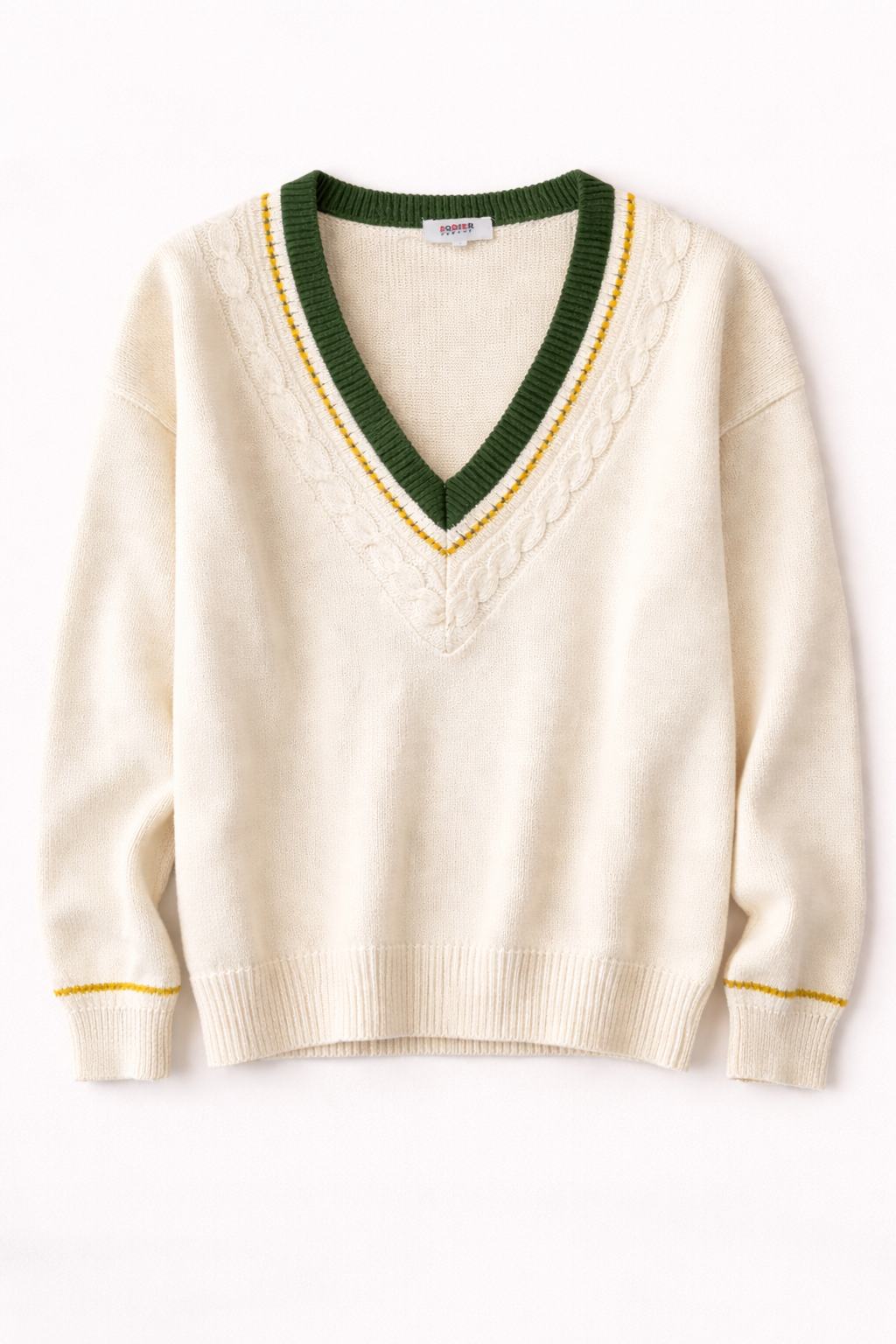 Rodier – Pull en maille col V crème style preppy