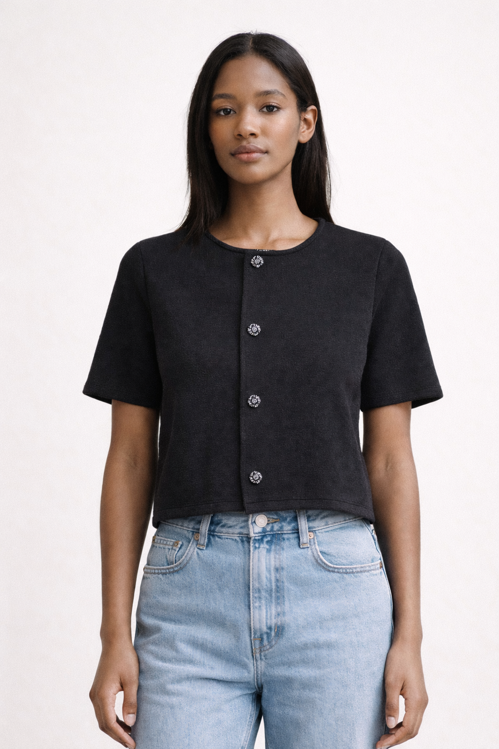 Cardigan court Tara Jarmon Paris en maille texturée à boutons bijoux